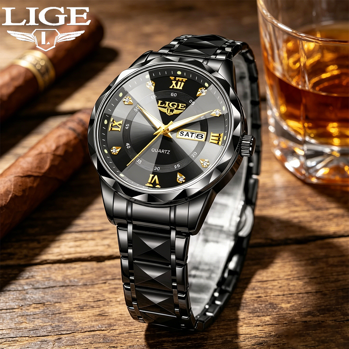 LIGE Gold Black Men's Luxury W - Luxury Watch Gold And Black บทวิจารณ์และราคา