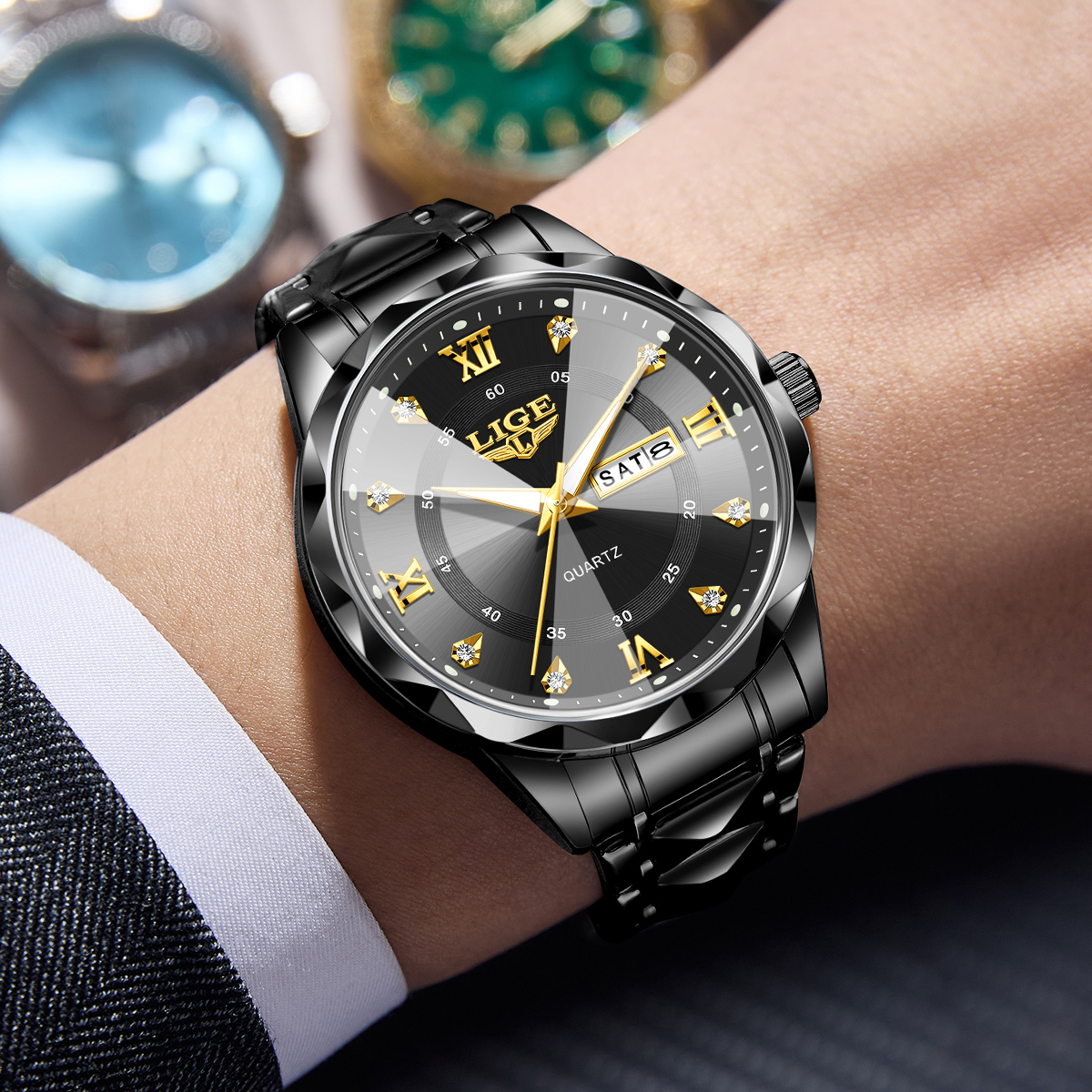 LIGE Gold Black Men's Luxury W - Luxury Watch Gold And Black บทวิจารณ์และราคา