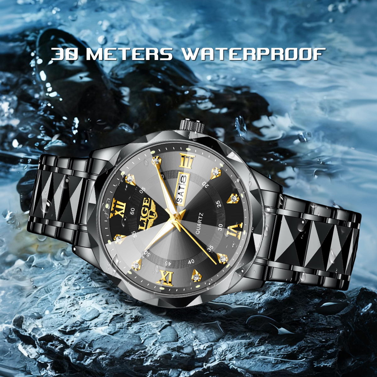 LIGE Gold Black Men's Luxury W - Luxury Watch Gold And Black บทวิจารณ์และราคา