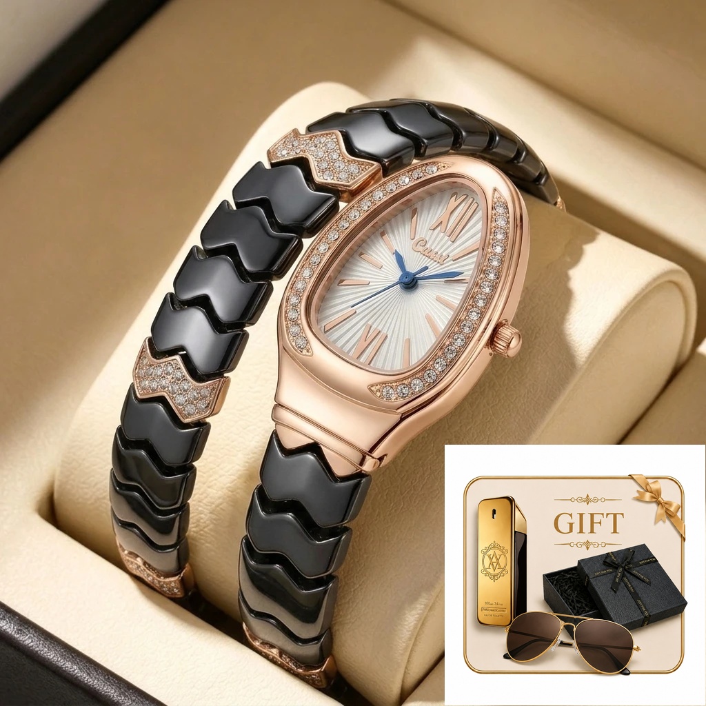 4pc Ladies Black and Rose Gold - Luxury Watch Gold And Black บทวิจารณ์และราคา