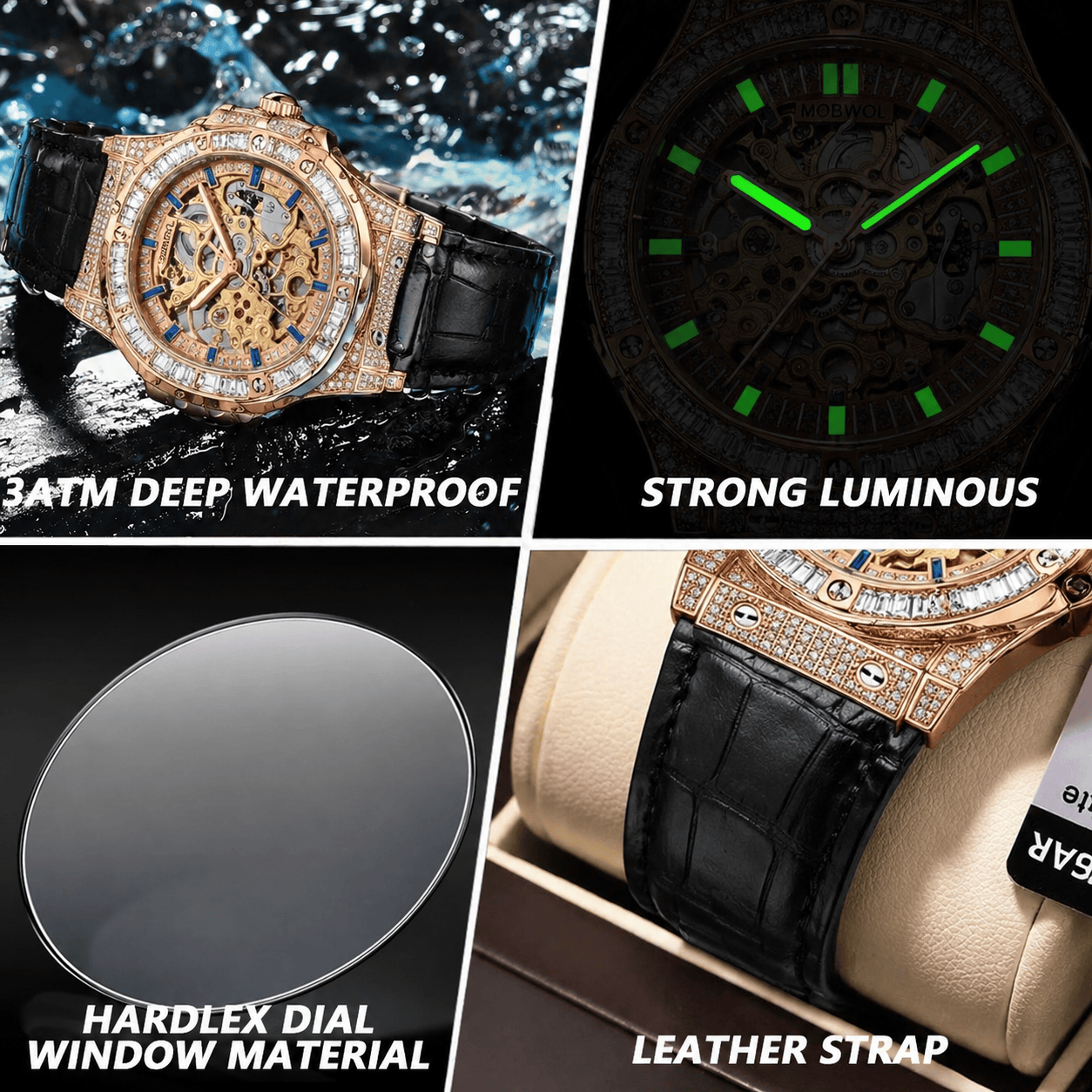 MOBWOL Rose Gold Skeleton Mech - Luxury Watch With Rubber Strap บทวิจารณ์และราคา