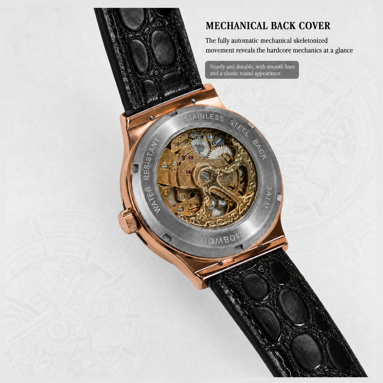 MOBWOL Rose Gold Skeleton Mech - Luxury Watch With Rubber Strap บทวิจารณ์และราคา