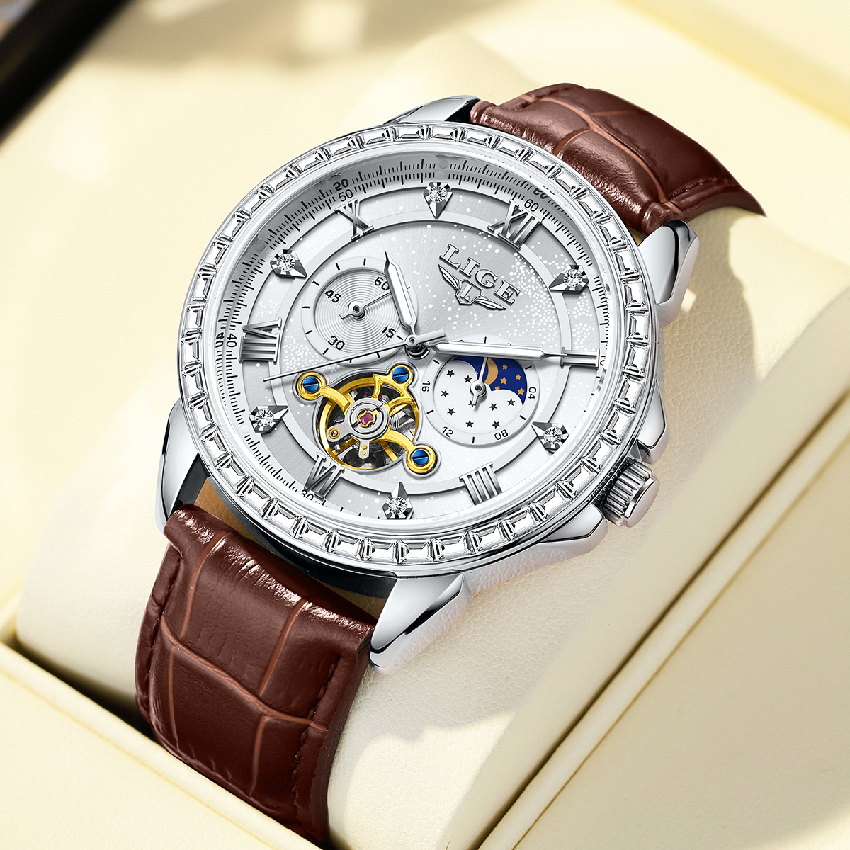 LIGE Big Diamond Dial Moon Pha - Luxury Watch Time บทวิจารณ์และราคา
