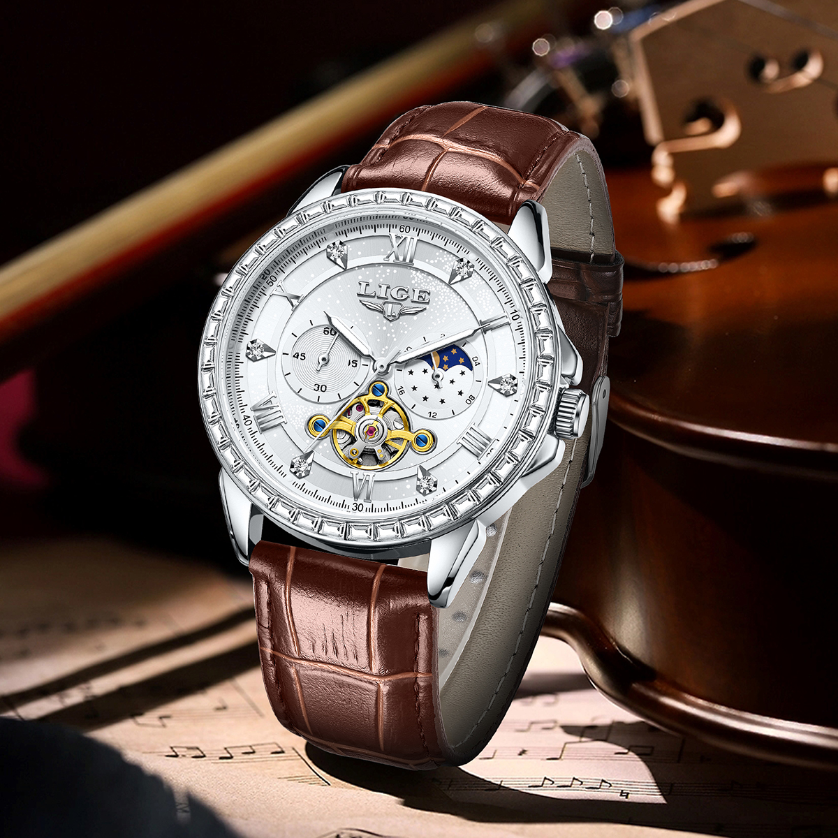 LIGE Big Diamond Dial Moon Pha - Luxury Watch Time บทวิจารณ์และราคา