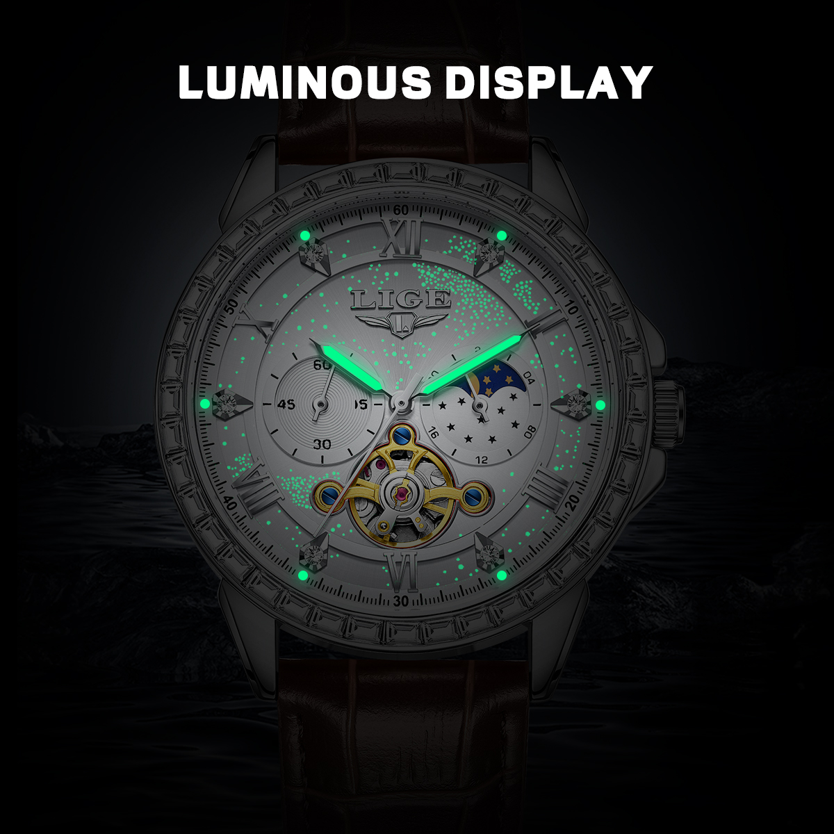 LIGE Big Diamond Dial Moon Pha - Luxury Watch Time บทวิจารณ์และราคา